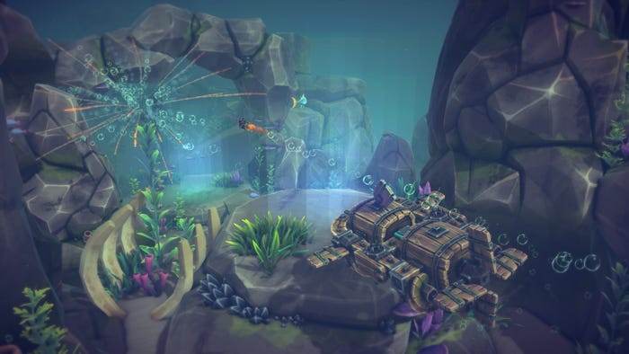 A player-made sumbarine fires a torpedo underwater. A player-made sumbarine fires a torpedo underwater.