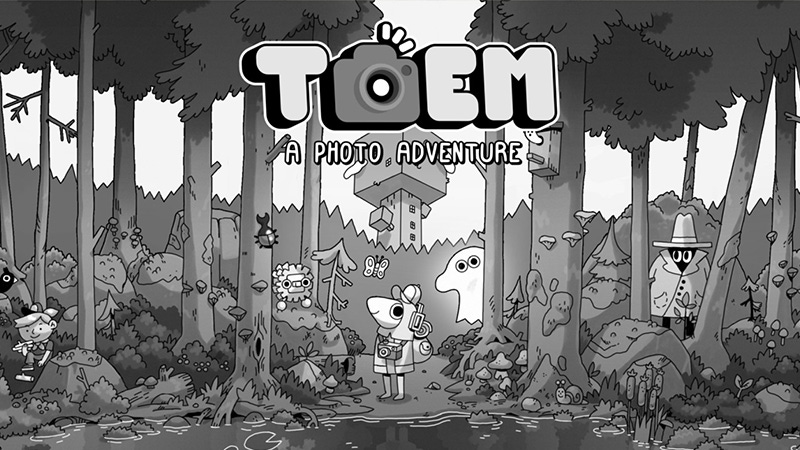 the black and white title card for toem showing a happy bird character and friends in the center of a forest.