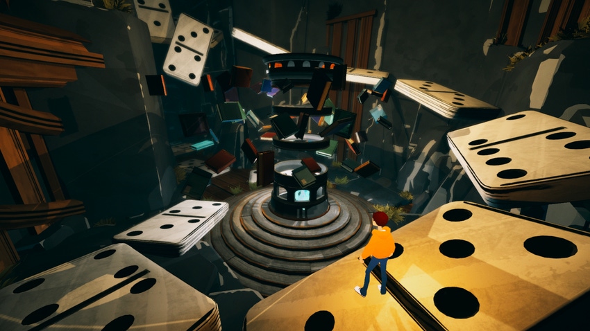 Screenshot of Inevitable Studios' Always in Mind, showing the protagonist in a room populated by books and dominoes.