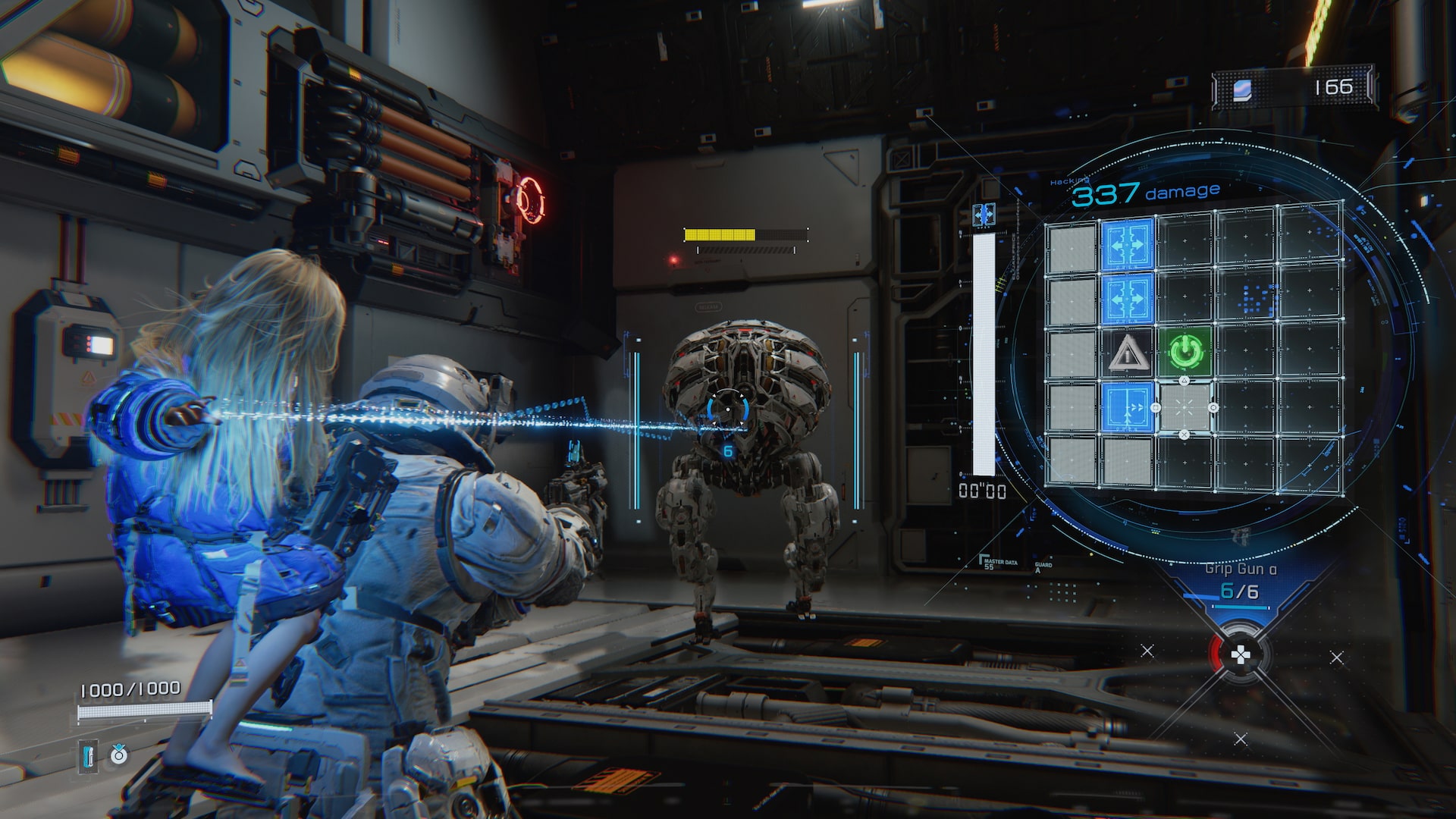 The player aims their weapon at an enemy while a puzzle appears on the right side of the screen in Pragmata.