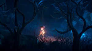 A screenshot from Mutter showing a small child holding a lantern walking cautiously through an eerie forest A screenshot from Mutter showing a small child holding a lantern walking cautiously through an eerie forest