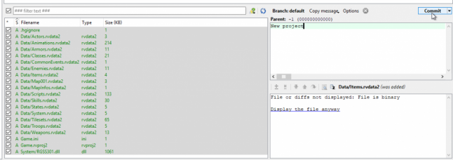 Screenshot: First Mercurial commit