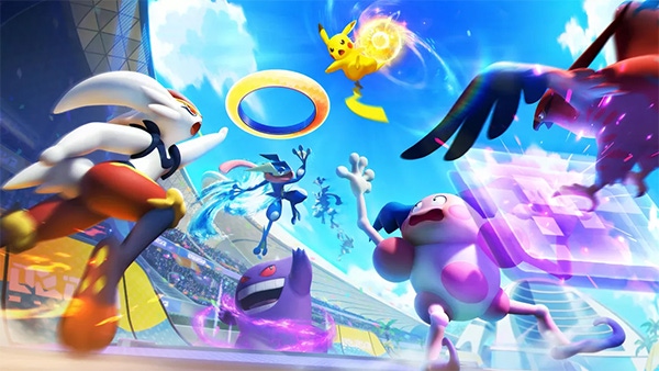 Key art from Pokemon Unite. Several Pokemon are jumping to try and score a point. Key art from Pokemon Unite. Several Pokemon are jumping to try and score a point.