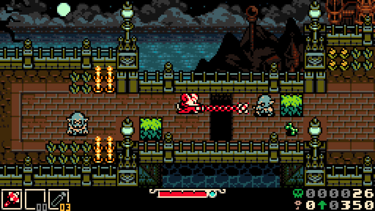 A screenshot from Mina the Hollower. The player character shoots a grappling hook over a gap at a monster.