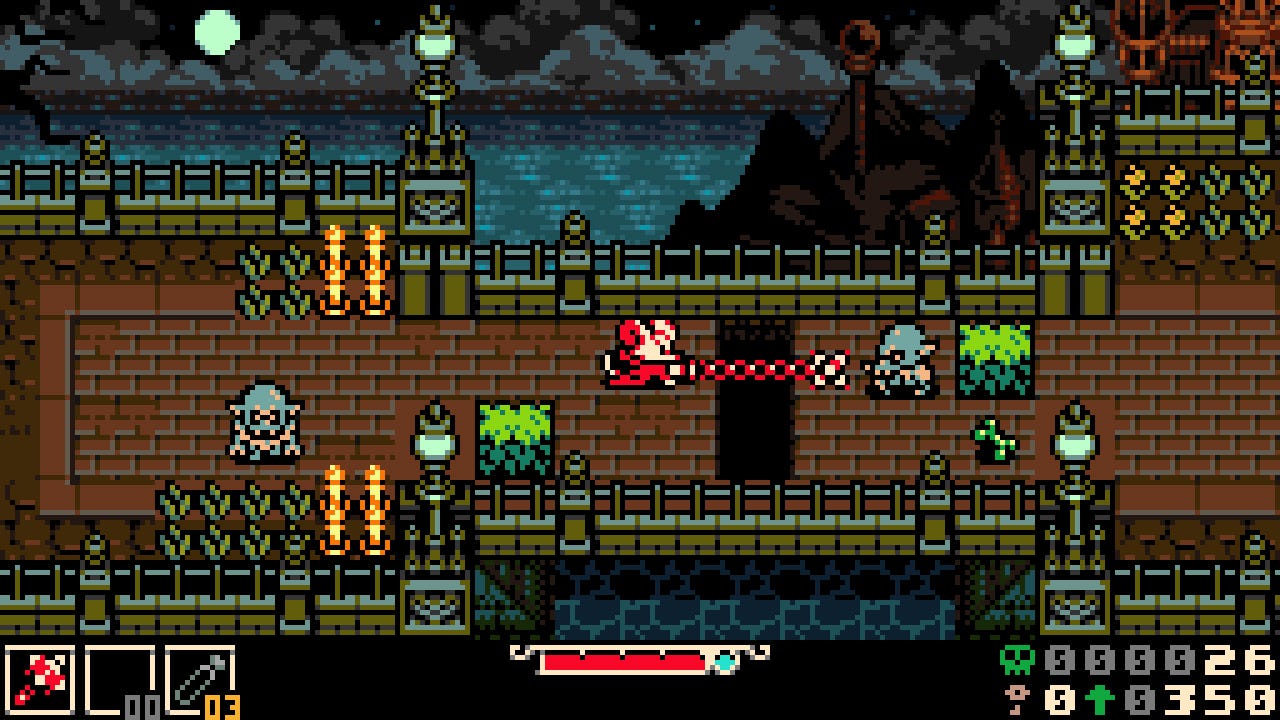 A screenshot from Mina the Hollower. The player character shoots a grappling hook over a gap at a monster. A screenshot from Mina the Hollower. The player character shoots a grappling hook over a gap at a monster.