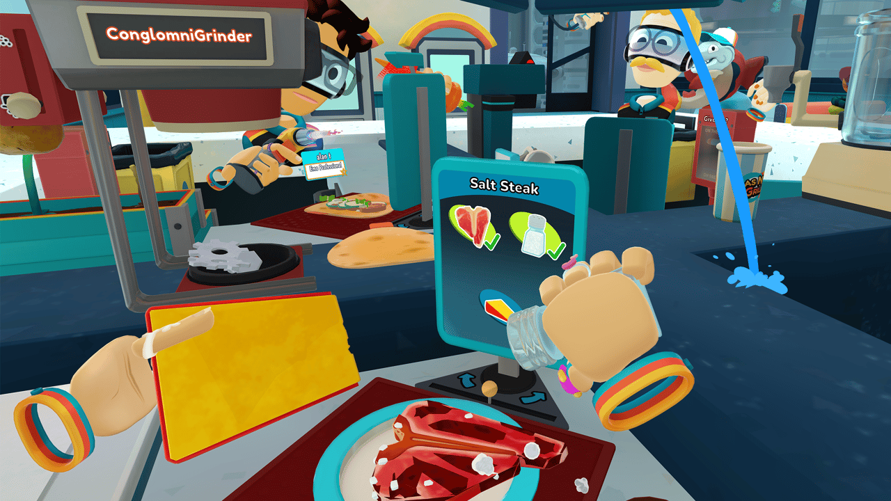 A first-person view of Dimensional Double Shift. The player shakes salt over a grill. A first-person view of Dimensional Double Shift. The player shakes salt over a grill.