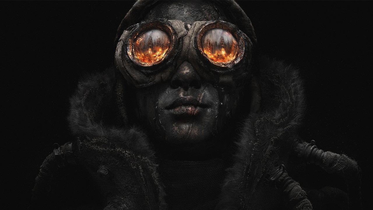 Promotional artwork for Frostpunk 2 depicting a person wearing goggles with flames in the reflection Promotional artwork for Frostpunk 2 depicting a person wearing goggles with flames in the reflection