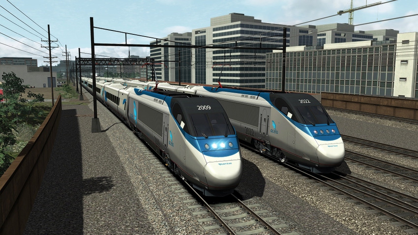 Screenshot of Dovetail Games' Train Simulator 2022, showing two docked trains.