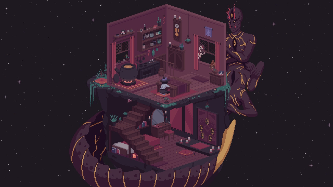 A witch sitting at a table in a house that is floating in space. A humanoid snake creature is coiled around the building. A witch sitting at a table in a house that is floating in space. A humanoid snake creature is coiled around the building.