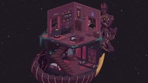 A witch sitting at a table in a house that is floating in space. A humanoid snake creature is coiled around the building.