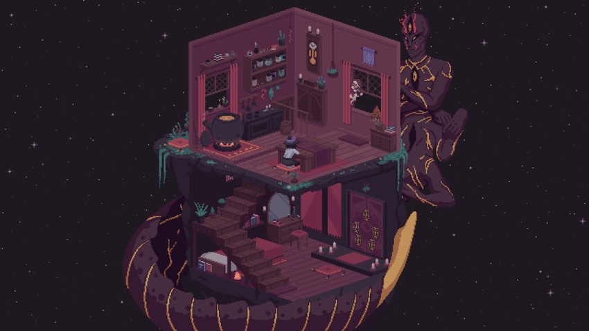 A witch sitting at a table in a house that is floating in space. A humanoid snake creature is coiled around the building.