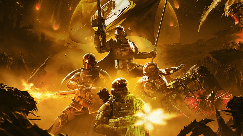 Space marines at war in key art for Helldivers 2. 