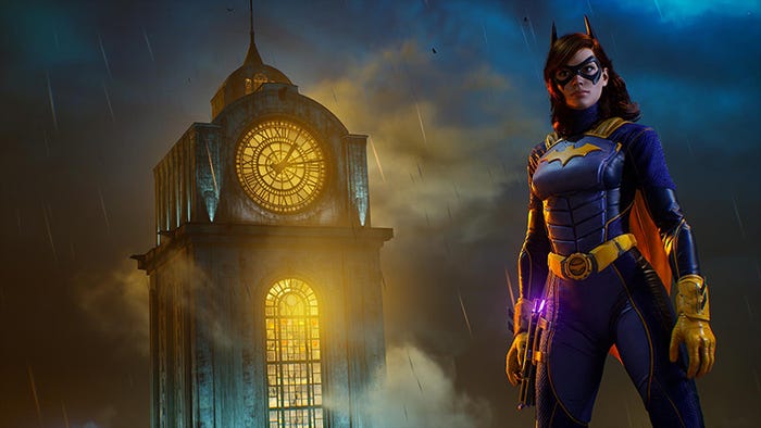 Batgirl in front of the Gotham clocktower in Gotham Knights.