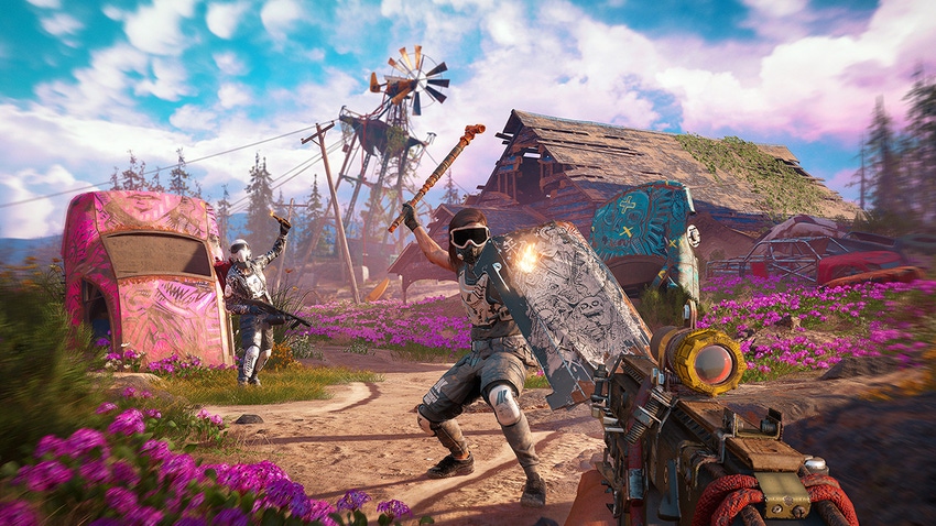 The player engages a raider in combat in the vibrant world of Far Cry New Dawn
