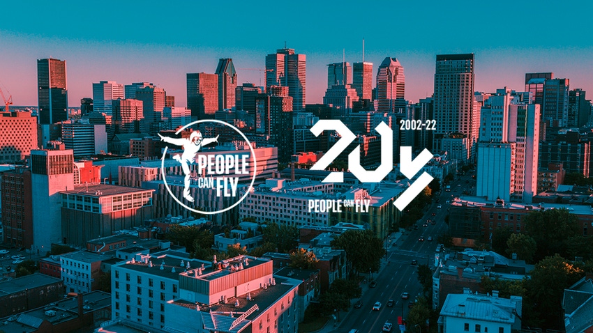 The People Can Fly logo overlaid on a photograph of Montreal