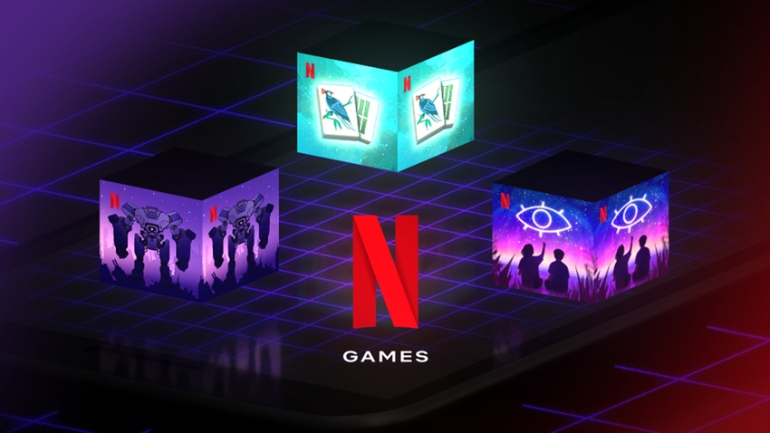 The Netflix Games logo surrounded by promotional art for three new titles