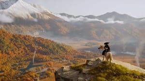 Player character Atsu looks down over a beautiful vista in Ghost of Yotei. Player character Atsu looks down over a beautiful vista in Ghost of Yotei.
