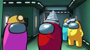  a screenshot from Among Us VR featuring colorful characters in hats