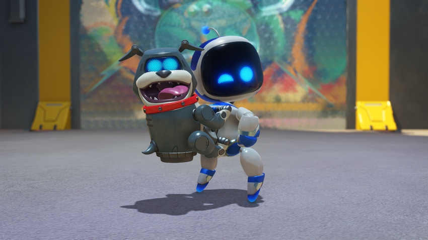 Astro Bot strikes a pose with a dog on his back.