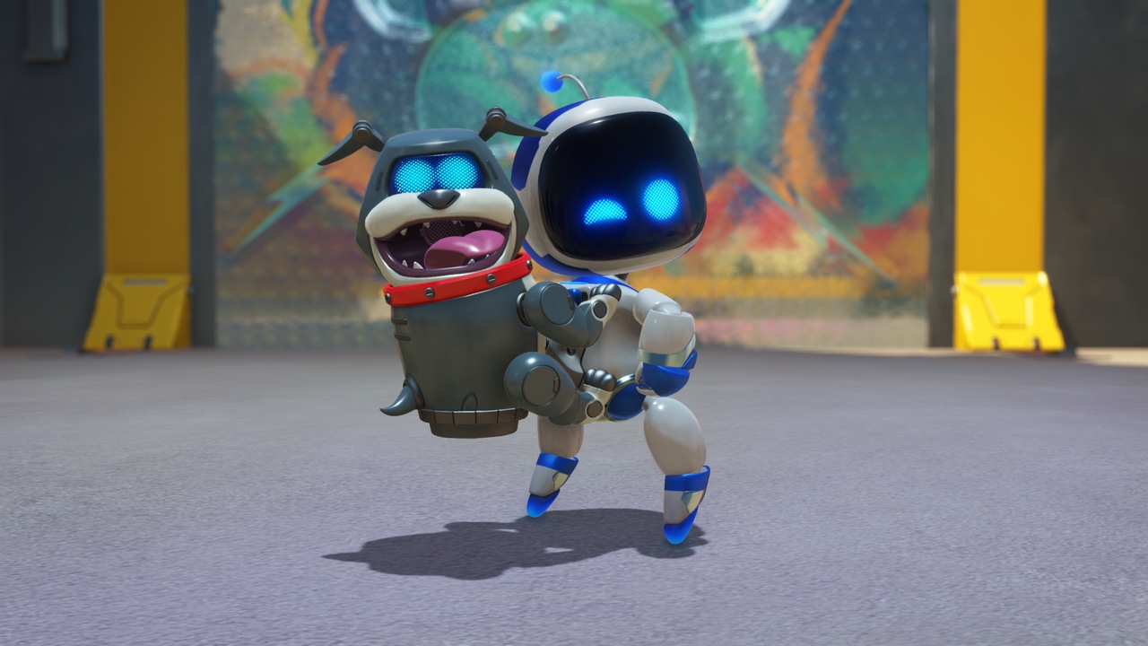Astro Bot strikes a pose with a dog on his back. Astro Bot strikes a pose with a dog on his back.
