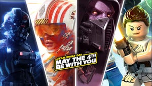 A promotional image for May the Fourth featuring screenshots from Star Wars Squadrons, Lego Star Wars, and more.