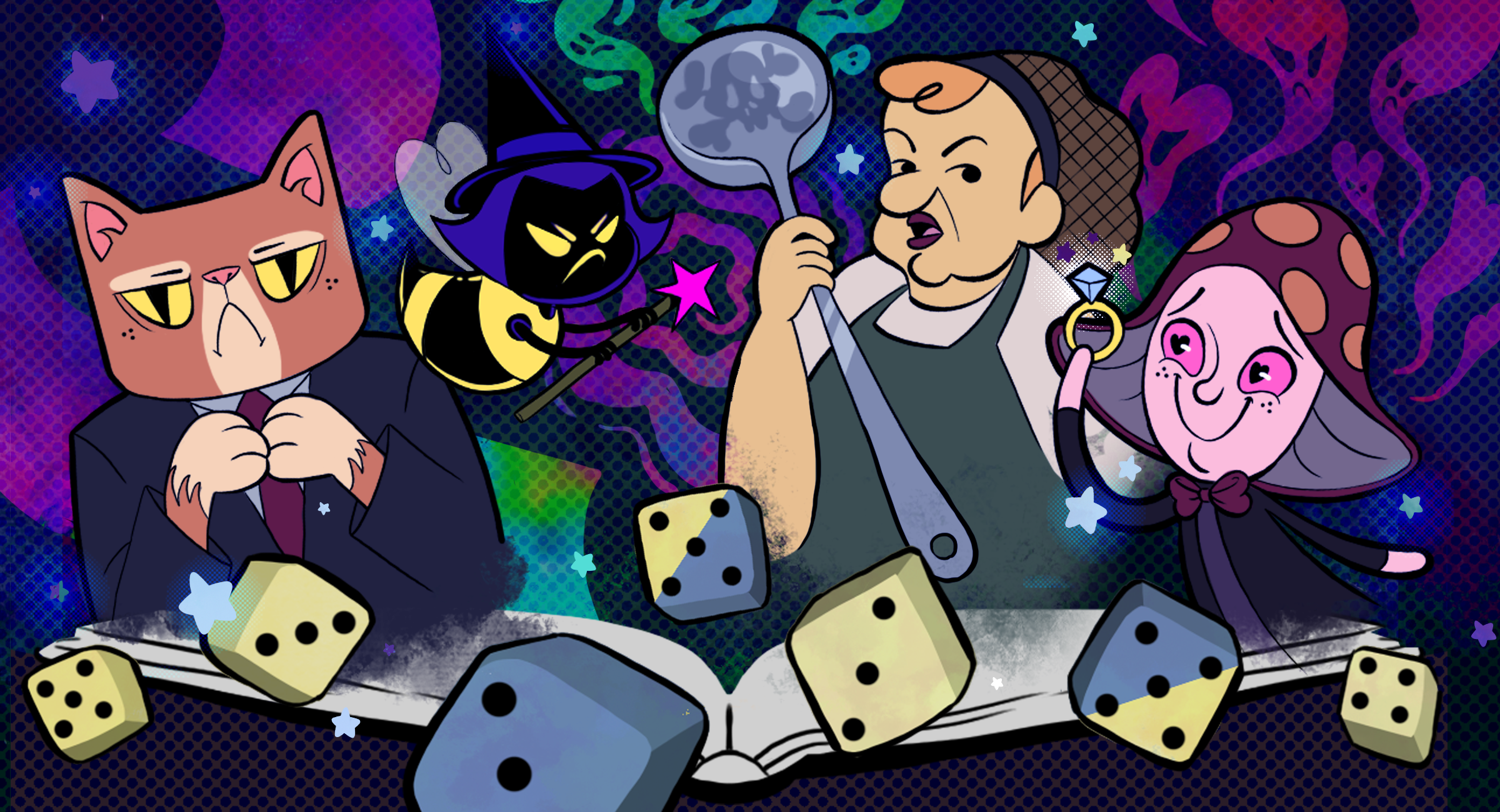 Key art from Slumber Realm, with colorful characters and dice