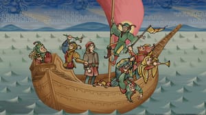 The characters of Pentiment sail on a boat The characters of Pentiment sail on a boat