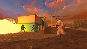 A screenshot from BattleBit Remastered. Low-poly players dart among cargo containers.