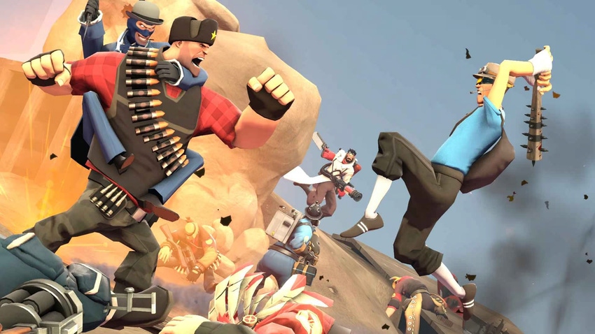 Screenshot of a Scout, Spy, and Soldier in Valve's Team Fortress 2.