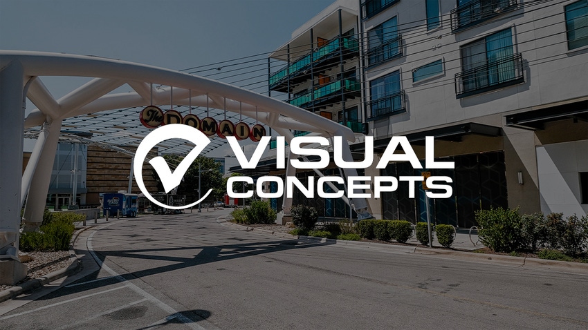 The Visual Concepts logo overlaid on a photograph of the Austin office