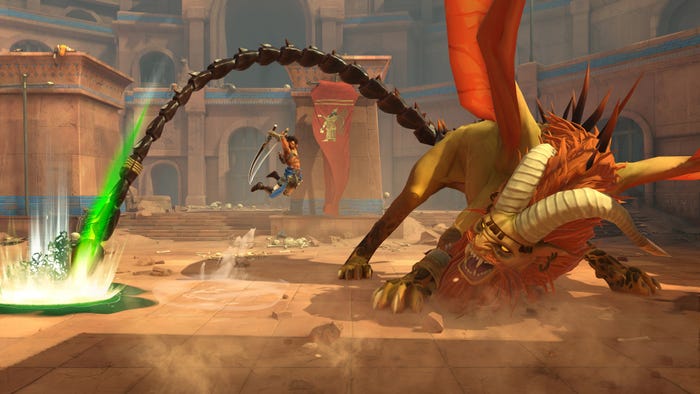 A screenshot from Prince of Persia: The Lost Crown. The player character fights a Manticore boss.