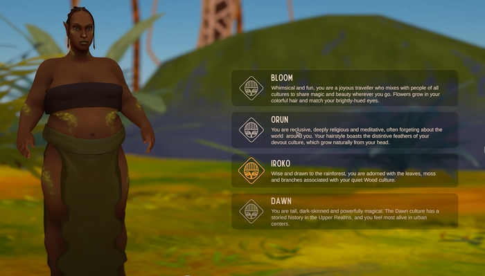 A screenshot from the Wagadu Chronicles. The player character is on the left, with traits available on the right.