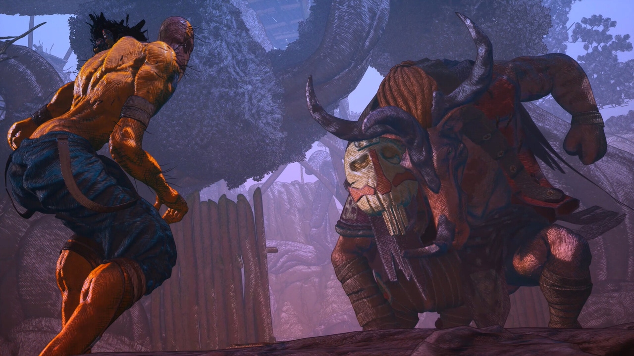 A colossal horned creature in a mask gets ready to charge A colossal horned creature in a mask gets ready to charge