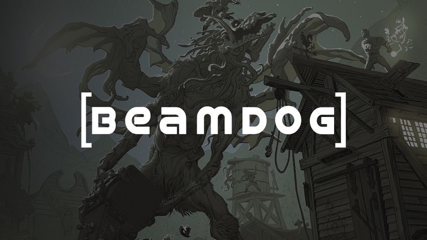 The Beamdog logo on some black and white fantasy artwork