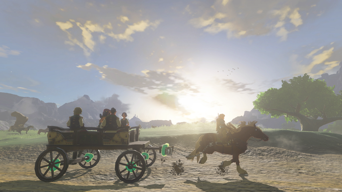 Link drives a horse-drawn carriage with people on it.