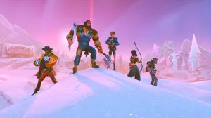 The characters of Last Flag pose on top of a snowy hill The characters of Last Flag pose on top of a snowy hill
