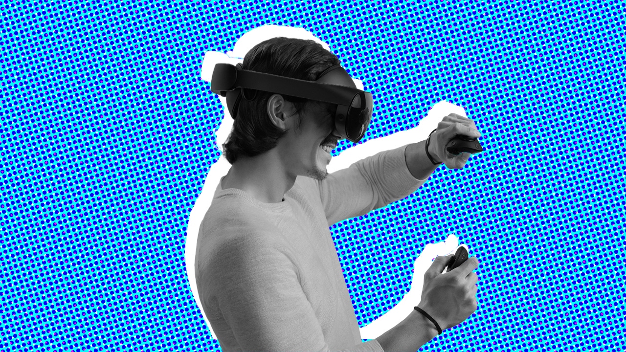 A photograph of a person using a Meta Quest headset on a stylised background A photograph of a person using a Meta Quest headset on a stylised background