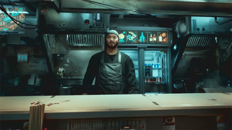 A chef stands in a cyberpunk Ramen cafe in NVIDIA's AI tech demo.
