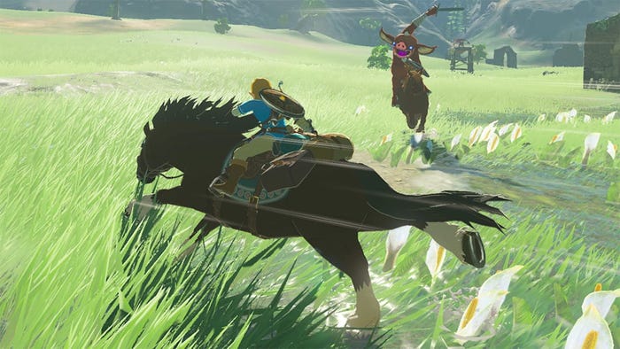 A screenshot from Breath of the Wild. Link and a Moblin face off in a horse-riding duel on the plains.