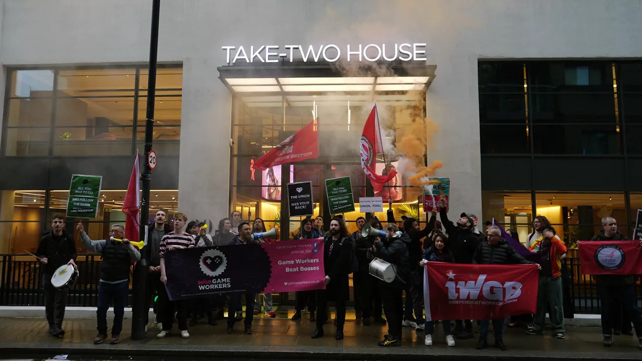 A group of protesting Rockstar workers, IWGB union members, and supporters outside Take-Two House in London A group of protesting Rockstar workers, IWGB union members, and supporters outside Take-Two House in London