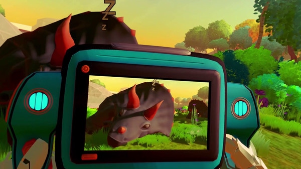 A video game screenshot showing a player taking a picture of a sleeping triceratops.