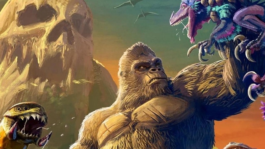 King Kong fighting two monsters in the cover for Skull Island: Rise of Kong.