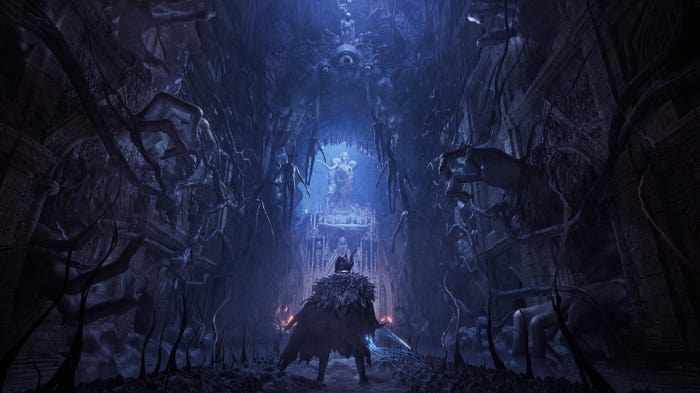 A screenshot from Lords of the Fallen. A cloaked figure stands in the spooky, dark blue Umbral realm.