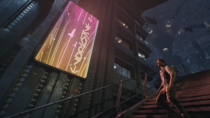 A screenshot from Star Wars Jedi: Survivor. Player character Cal Kestis is illuminated by a digital billboard whose colors range from gold to Magenta.