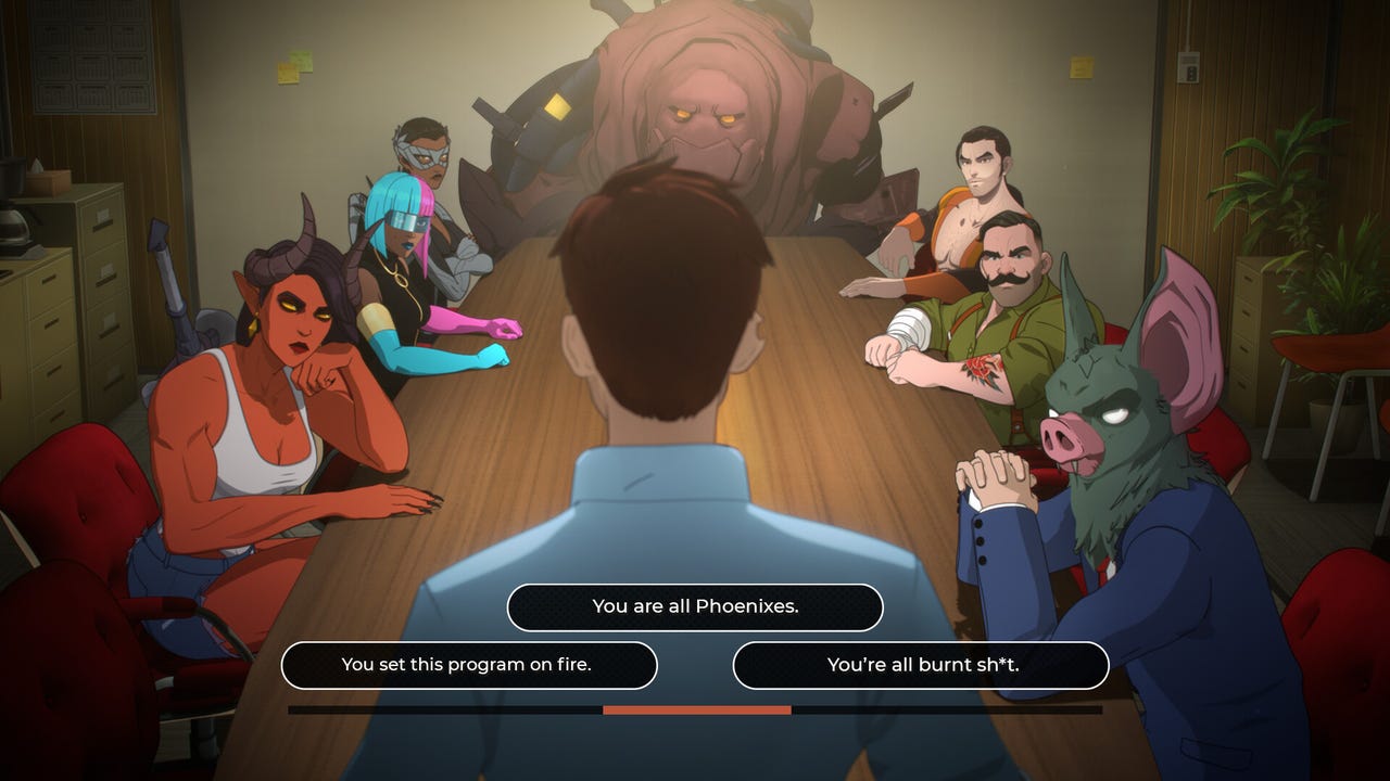 An assortment of superheroes sit around a table while the protagonist chooses a dialogue option. An assortment of superheroes sit around a table while the protagonist chooses a dialogue option.