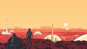 Key artwork for Surviving Mars showing a futuristic astronaut scanning a glorious vista on the red planet Key artwork for Surviving Mars showing a futuristic astronaut scanning a glorious vista on the red planet