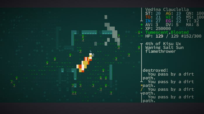 A colorful ASCII depiction of Caves of Qud's map. A panel on the right notes that the player has passed by a dirt path.