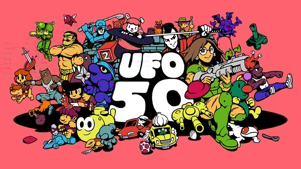 Key art from UFO 60. Characters from the UFO 60 games gather around the game name. Key art from UFO 60. Characters from the UFO 60 games gather around the game name.