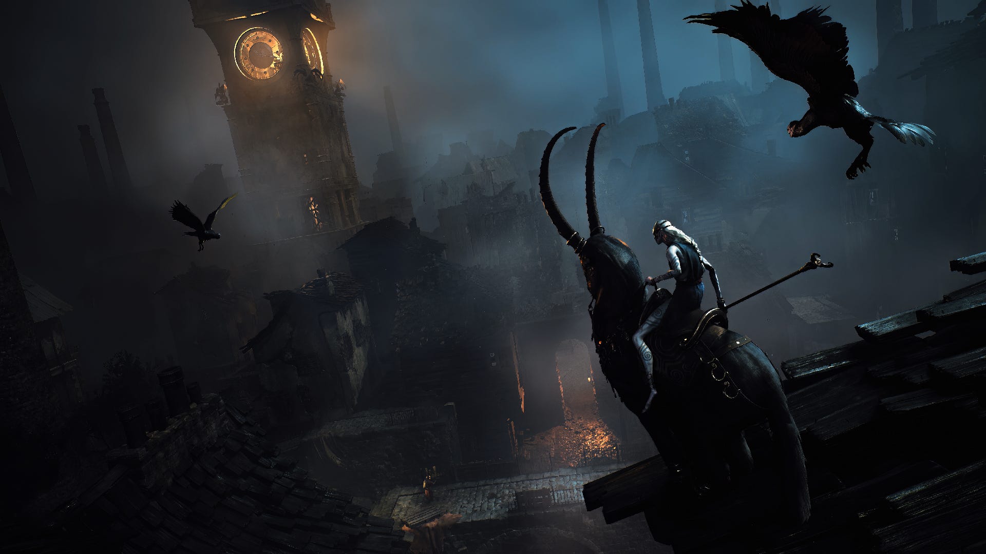 A screenshot from Remnant II. A long-limbed creature rides a flying monster with a clock tower looming in the background.