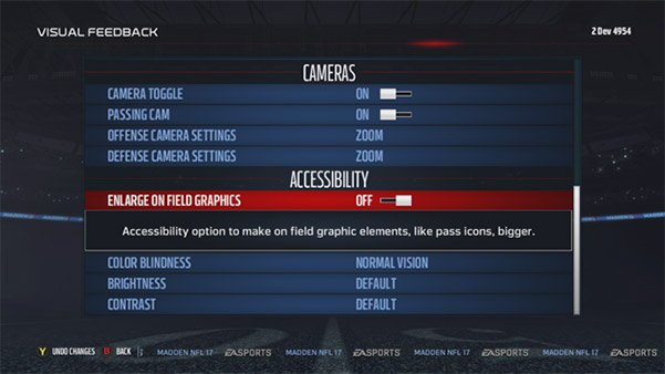 Madden 2017 accessibility menu